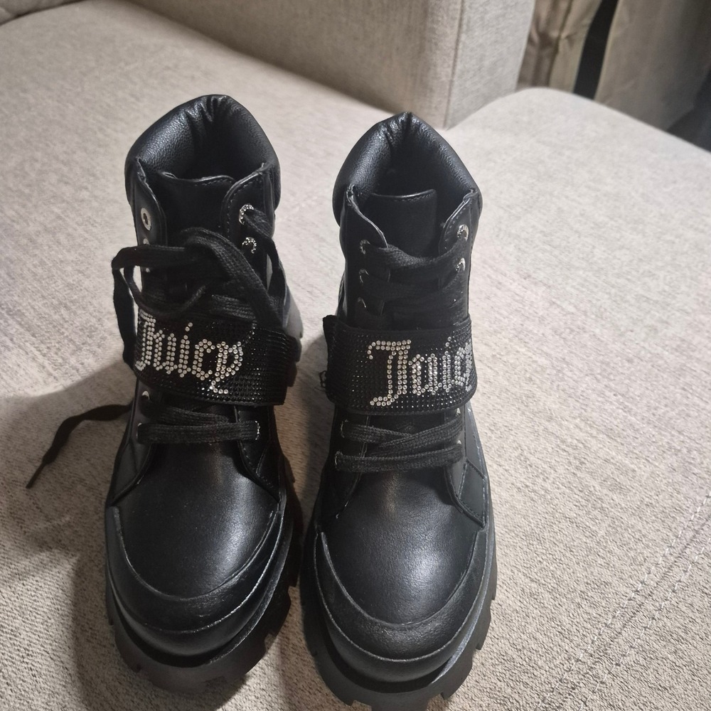 Juicy Couture Black Rhinestone Logo Combat Boots Womens Lug Sole Platform Ankle